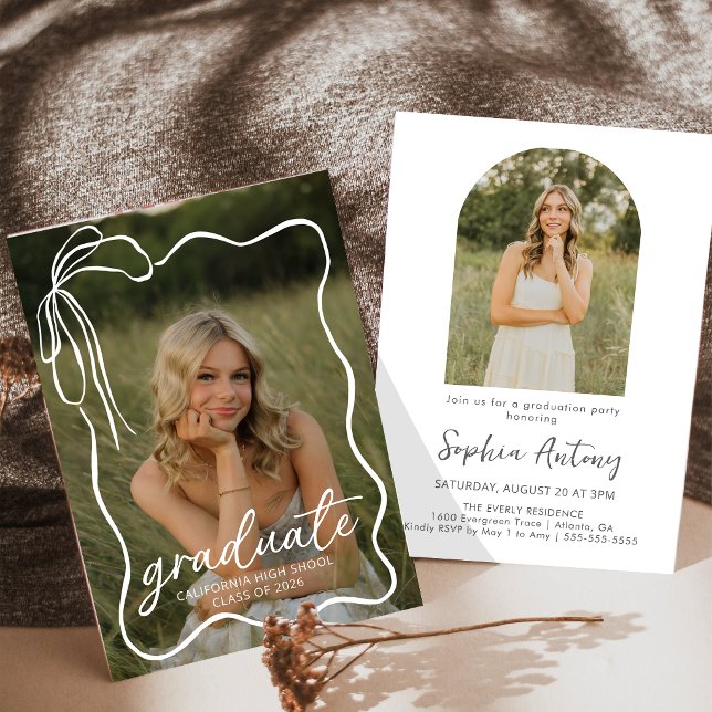 Convite Modern Bow Photo Graduation Party Invitation (Criador carregado)