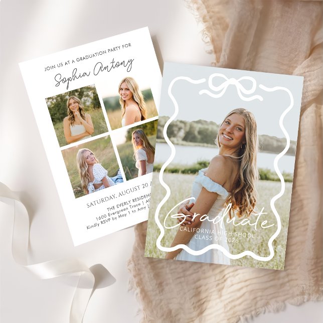 Convite Modern Bow Photo Graduation Party Invitation (Criador carregado)