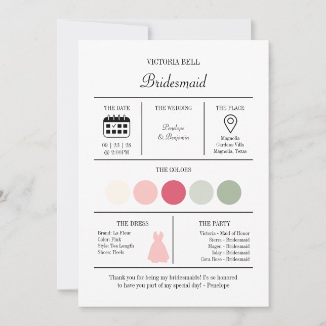 Convite Modern Bright Pink Bridesmaid Information Card (Frente)