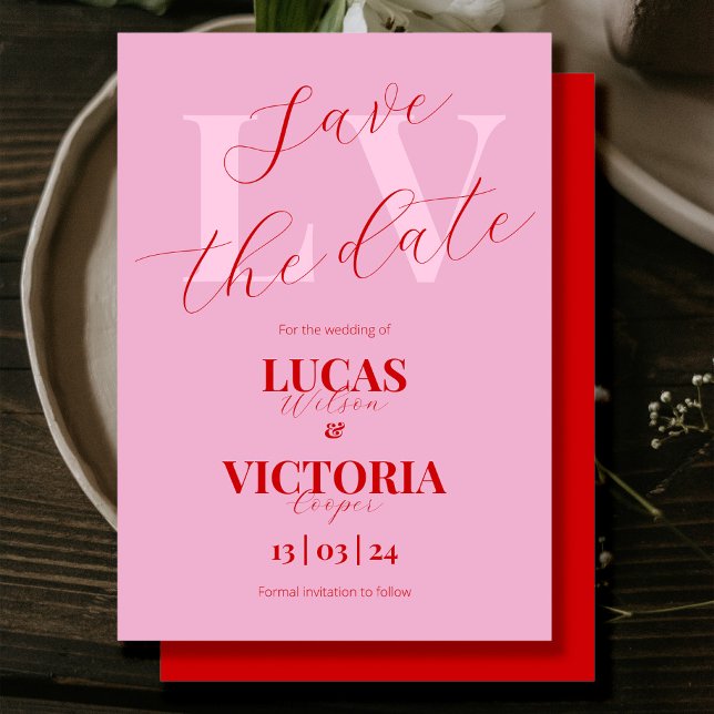 Convite Modern Bright Pink e Red Wedding salve data (Criador carregado)