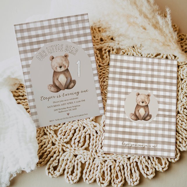 Convite Modern Brown Arch Nosso Pequeno primeiro aniversar (Our Little Bear 1st Birthday Invitation Template, Editable Bear Themed First Birthday Invite Boy,)