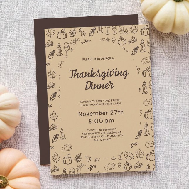 Convite Modern Brown Whimsical Entregue Ação de Graças (Modern Brown Pumpkin Leaves Thanksgiving Dinner Invitation)