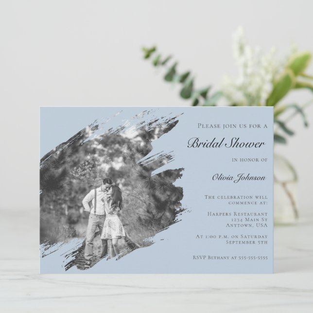Convite Modern Brushstroke Photo Bridal Shower Blue (Em pé/Frente)