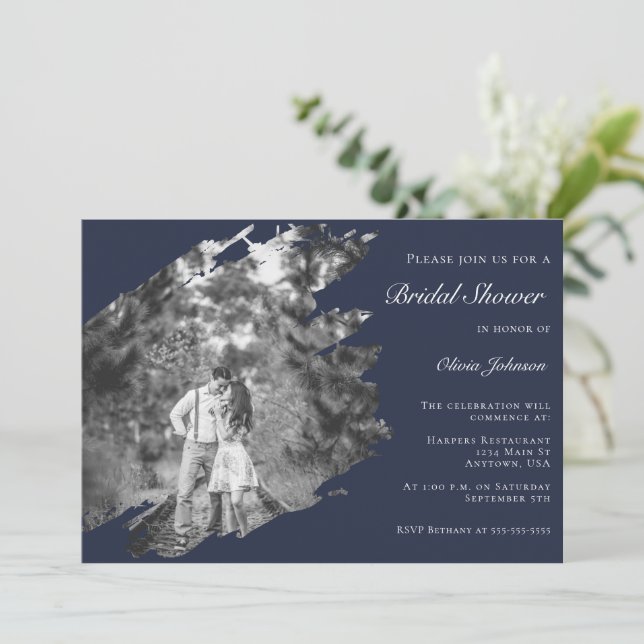 Convite Modern Brushstroke Photo Bridal Shower Navy Blue (Em pé/Frente)
