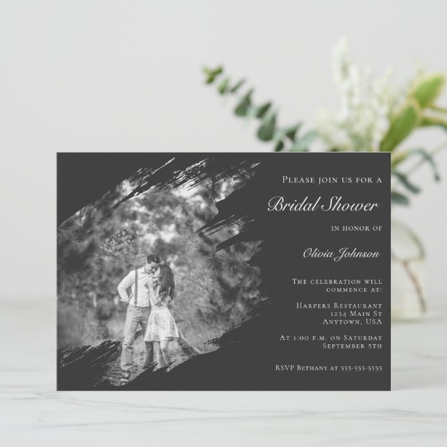 Convite Modern Brushstroke Photo Bridal Shower Soft Black (Em pé/Frente)