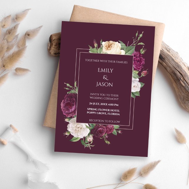 Convite Modern Burgudy e Brancos (Modern Burgudy and White Peonies Invitation on a boho table.)