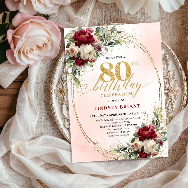 Convite Modern Burgundy Blush Floral 80th Birthday Invite (Modern Burgundy Blush Floral 80th Birthday Invite)