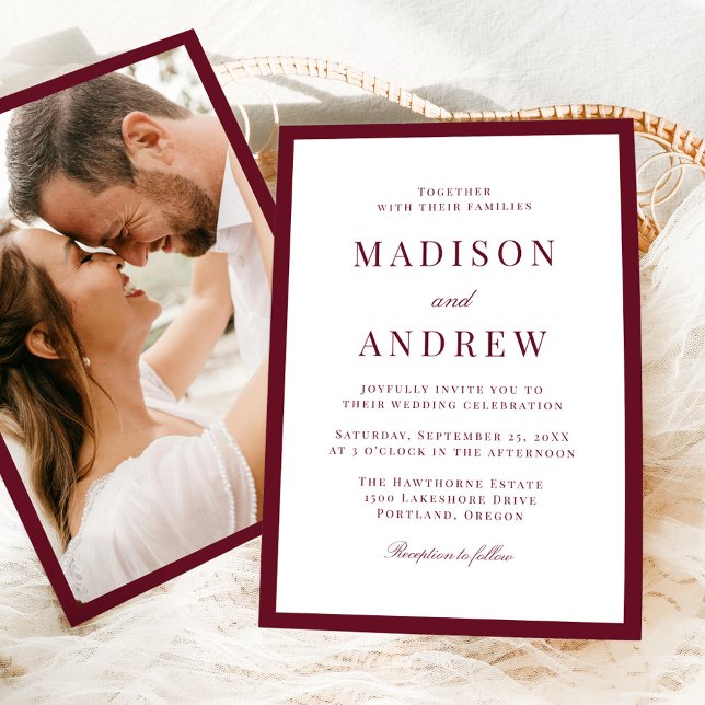 Convite Modern Burgundy Border Photo Wedding (Criador carregado)