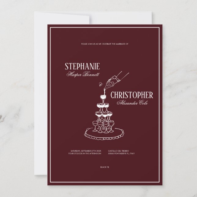 Convite Modern Burgundy Champagne Tower Wedding Invitation (Frente)