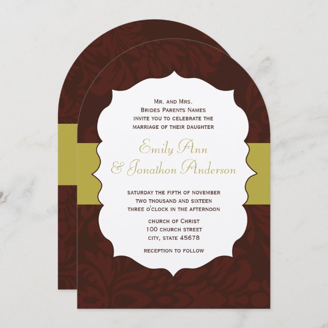 Convite Modern Burgundy Chartreuse Damask Wedding Invite (Frente/Verso)