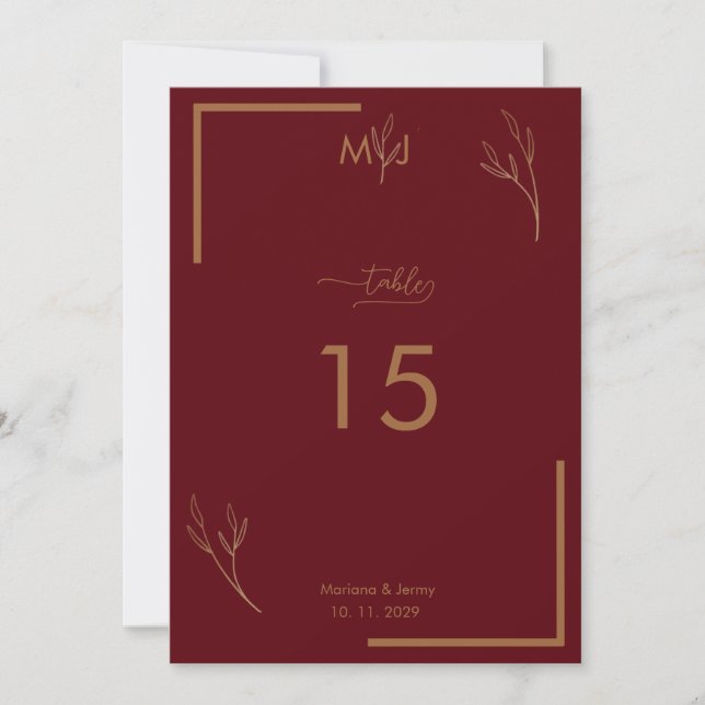 Convite Modern Burgundy Golden Border Wedding Table Number (Frente)