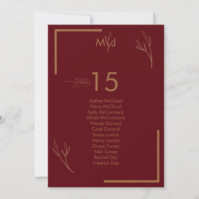 Convite Modern Burgundy Guests Seating List Table Number (Frente)