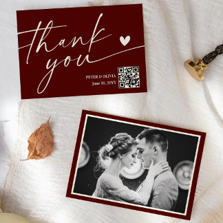 Convite Modern Burgundy QR Code Wedding Thank You Card