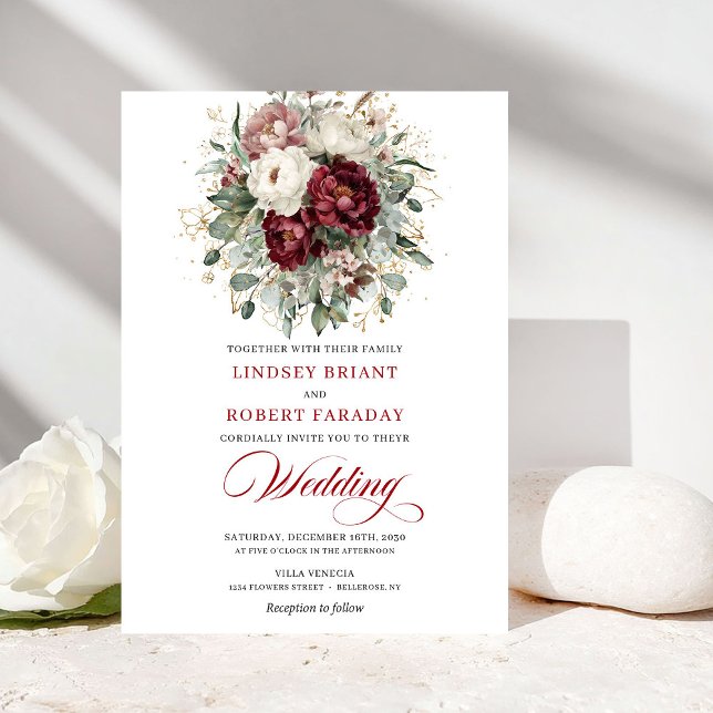 Convite Modern Burgundy White Floral Gold Wedding Invite (Modern Burgundy White Floral Gold Wedding Invitation)