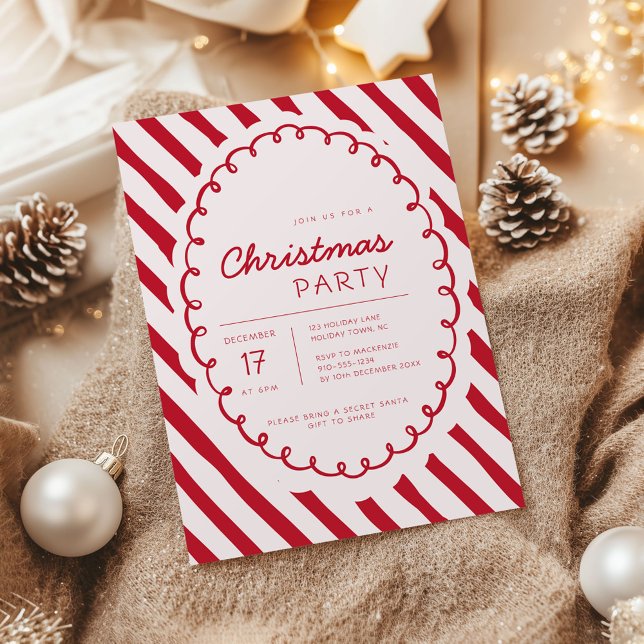 Convite Modern Candy Cane Theme Christmas Party Invitation (Retro Candy Cane Whimsical Striped Christmas party invitation)