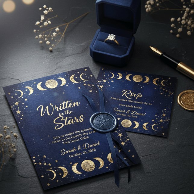 Convite Modern Celestial Navy and Gold Moon Stars Wedding  (Criador carregado)
