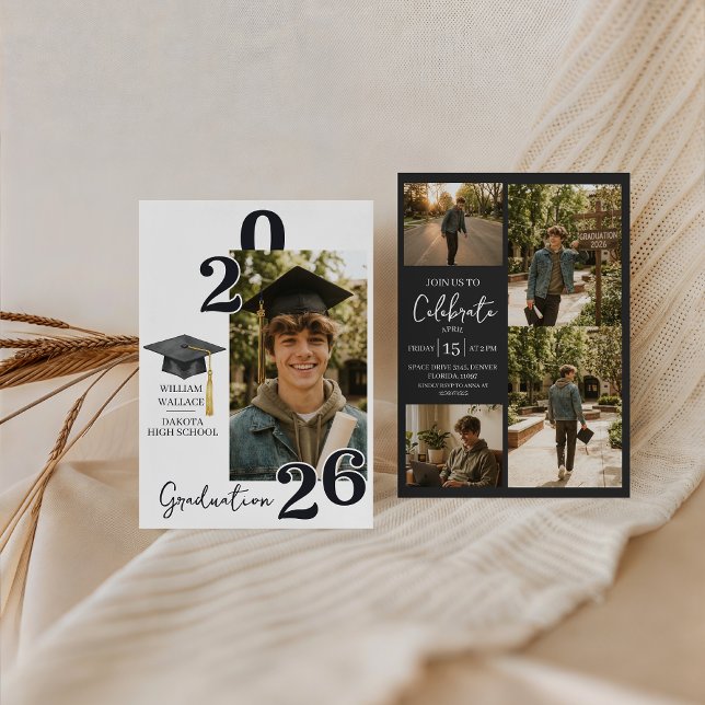 Convite Modern Charcoal 4 Photo Graduation Invite (Criador carregado)