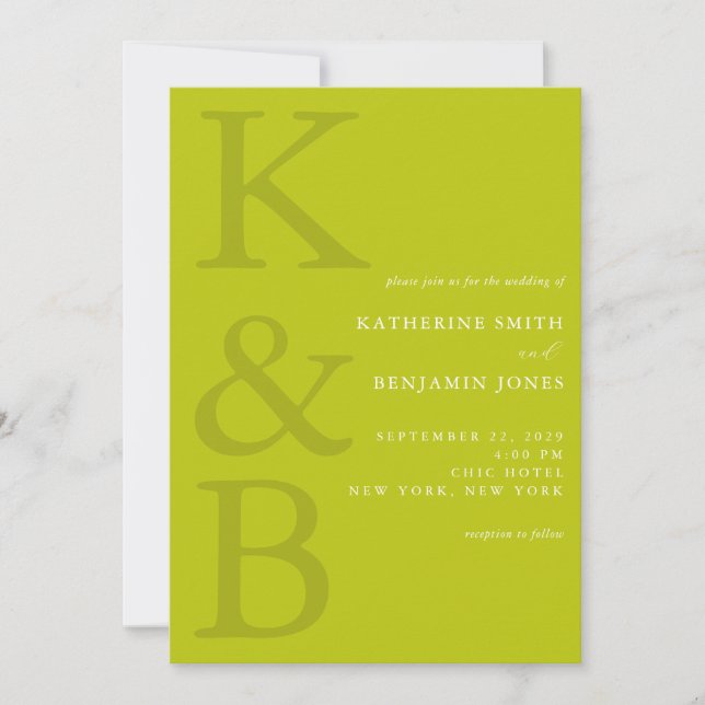 Convite Modern Chartreuse Monogram Minimalist Wedding (Frente)