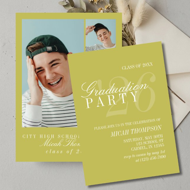 Convite Modern Chartreuse Photo Graduation Party (Modern Chartreuse Photo Graduation Party Invitation)
