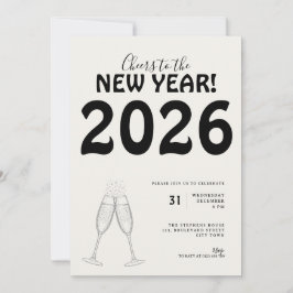 Convite Modern Cheers to New Year Bold Typo Black White