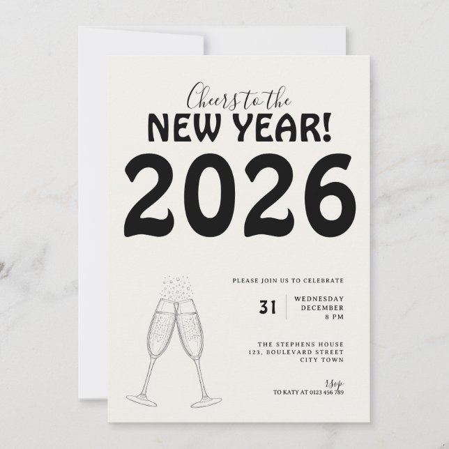 Convite Modern Cheers to New Year Bold Typo Black White (Frente)