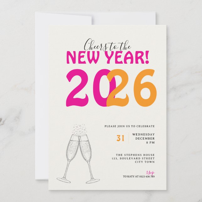 Convite Modern Cheers to New Year Bold Typo Invitation (Frente)