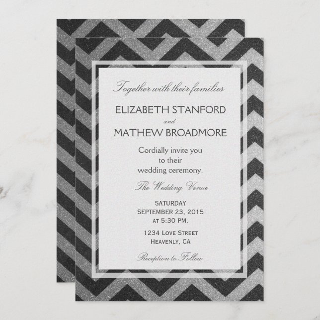 Convite Modern Chevron Black and Silver (Frente/Verso)
