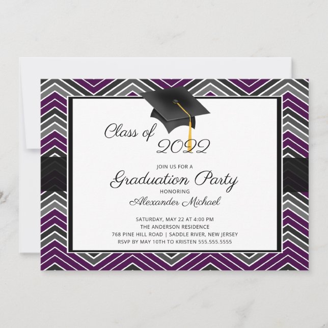 Convite Modern Chevron Graduate Tassel Graduation Party In (Frente)