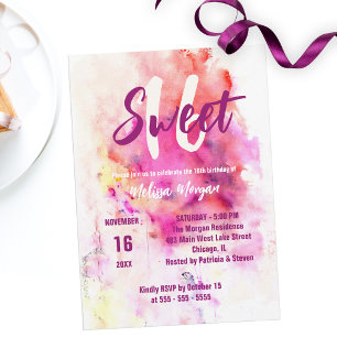Convite Modern Chic Artísticos Watercolor Sweet 16 Anivers