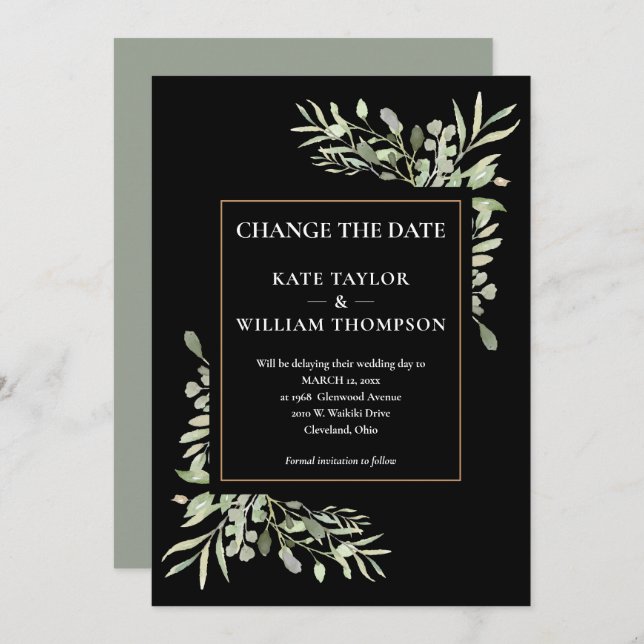 Convite Modern Chic Change the Date Watercolor Greenery (Frente/Verso)
