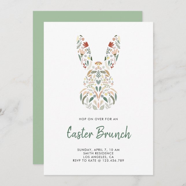 Convite Modern Chic Floral Bunny Páscoa Brunch (Frente/Verso)