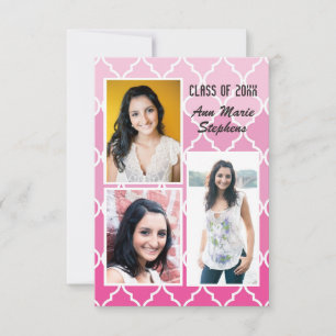 Convite Modern Chic Graduation 3 Fotos 3x5Pink Quatrefoil