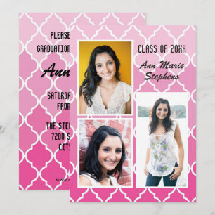 Convite Modern Chic Graduation 3 Fotos Pink Quatrefoil