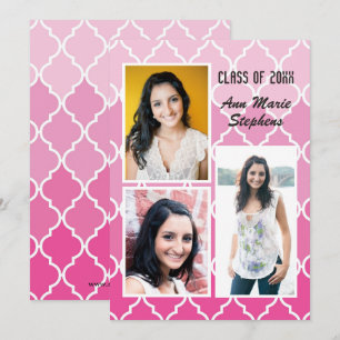 Convite Modern Chic Graduation 3 Fotos Pink Quatrefoil