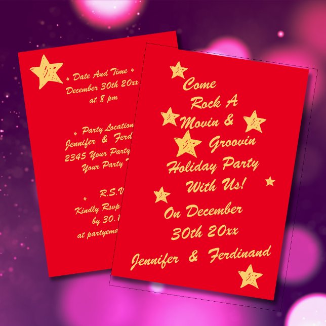 Convite Modern Chic Red & Dourado Stars Groovy Holiday Par (Modern Chic Red & Gold Stars Groovy Holiday Party Invitation)