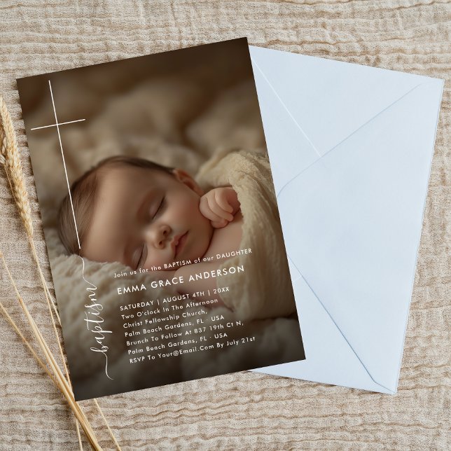 Convite Modern Christening | Batismo Fotográfico Neutro po (Criador carregado)