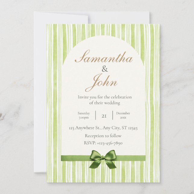 Convite Modern Citrus Green Stripe Back Photo Wedding (Frente)