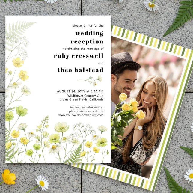 Convite Modern Citrus Wildflower Stripe Photo Reception (Wedding Reception Only Invitation - from Citrus Green Wildflower wedding collection by Darling & May)