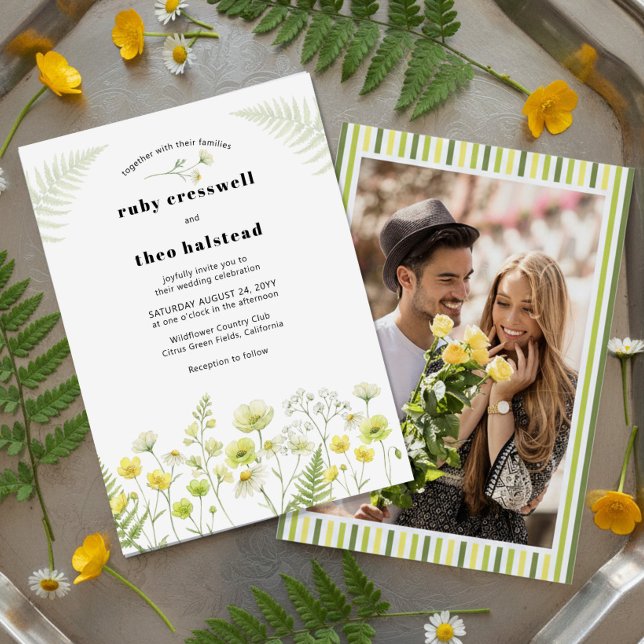 Convite Modern Citrus Wildflower Stripe Photo Wedding (Wedding Invitation with engagement photo from Citrus Green Wildflower collection by Darling & May)