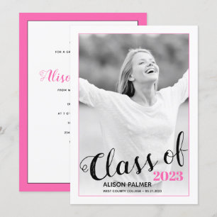 Convite Modern Class of 2020 script de foto rosa quente