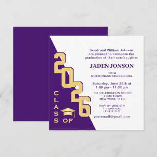 Convite Modern Class of 2023 Gold Purple Graduation Party