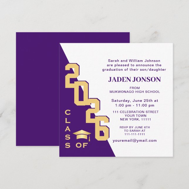 Convite Modern Class of 2023 Gold Purple Graduation Party (Frente/Verso)