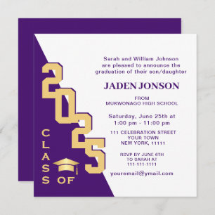 Convite Modern Class of 2023 Gold Purple Graduation Party