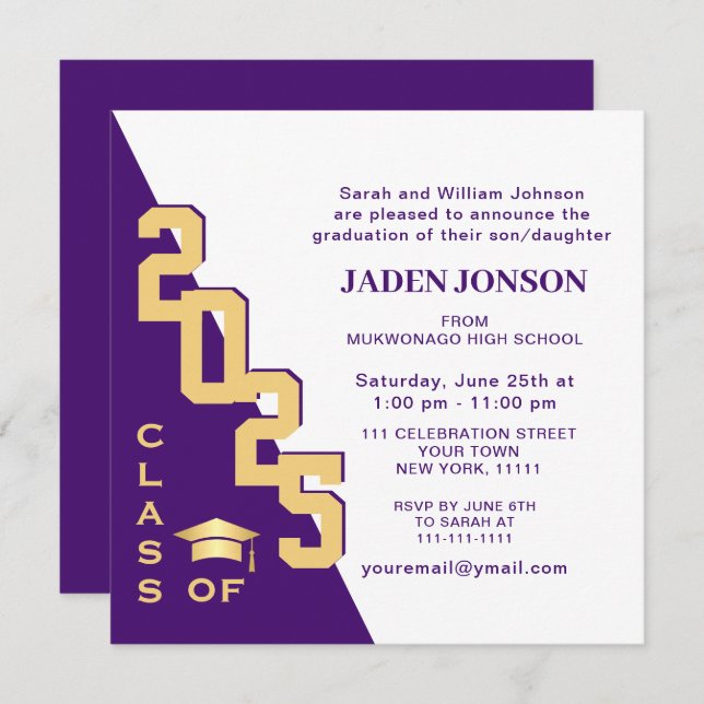 Convite Modern Class of 2023 Gold Purple Graduation Party (Frente/Verso)