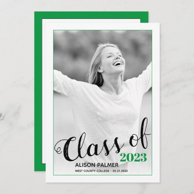 Convite Modern Class of 2023 script green border (Frente/Verso)
