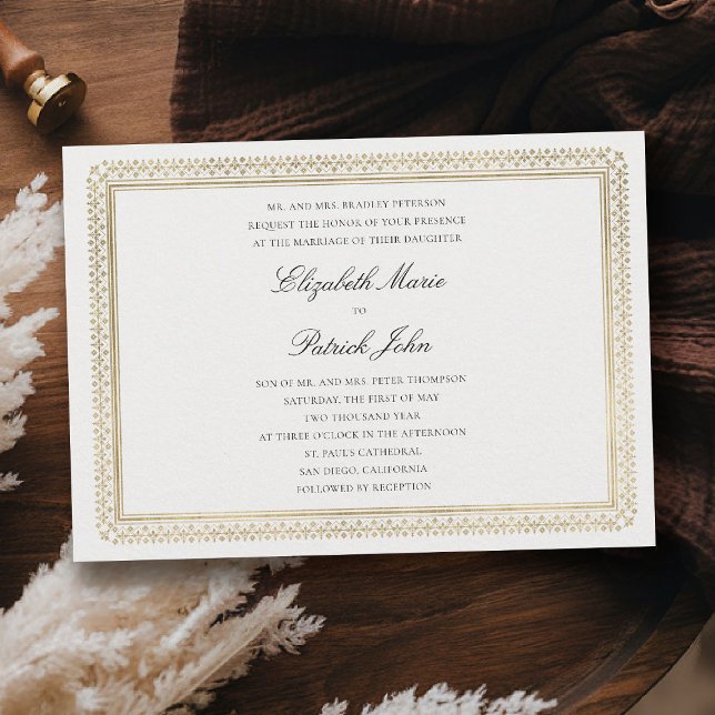 Convite Modern Classic Formal Golden Lys Ivory Wedding (formal traditional wedding invitation modern classic gold ivory deco ballroom horizontal)