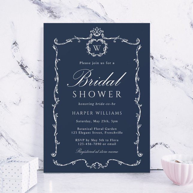 Convite Modern Classic French Frame Bridal Shower Navy (Criador carregado)
