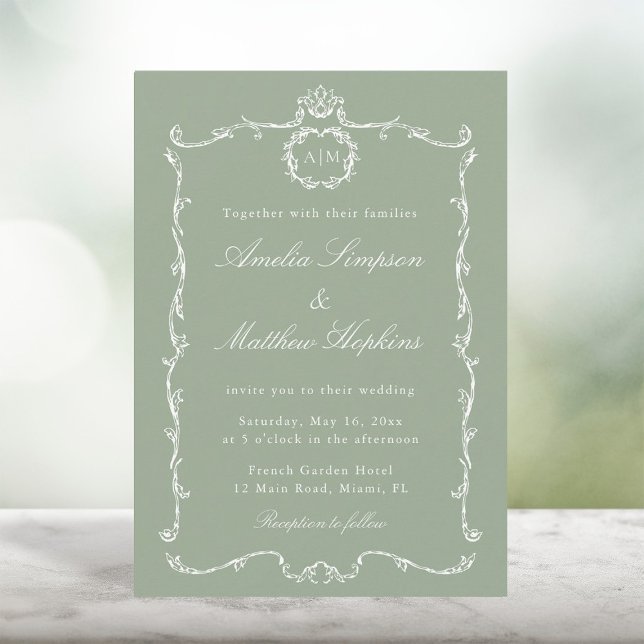 Convite Modern Classic French Frame Wedding Sage Green (Criador carregado)