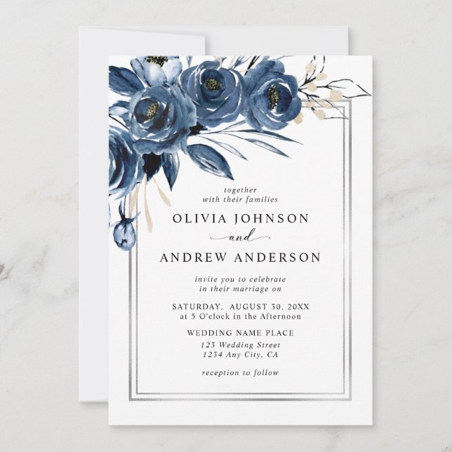 Convite Modern Classic Navy Blue Floral Photo Wedding (Frente)