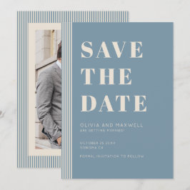 Convite Modern Classic Save The Date Blue Striped Photo